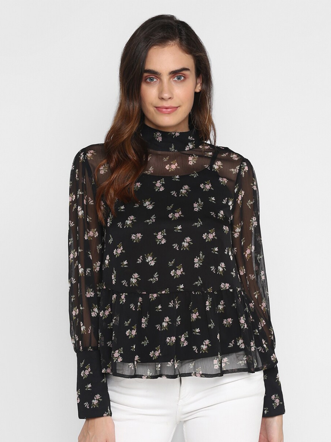 

HOUSE OF KKARMA Floral Printed High Neck Top, Black