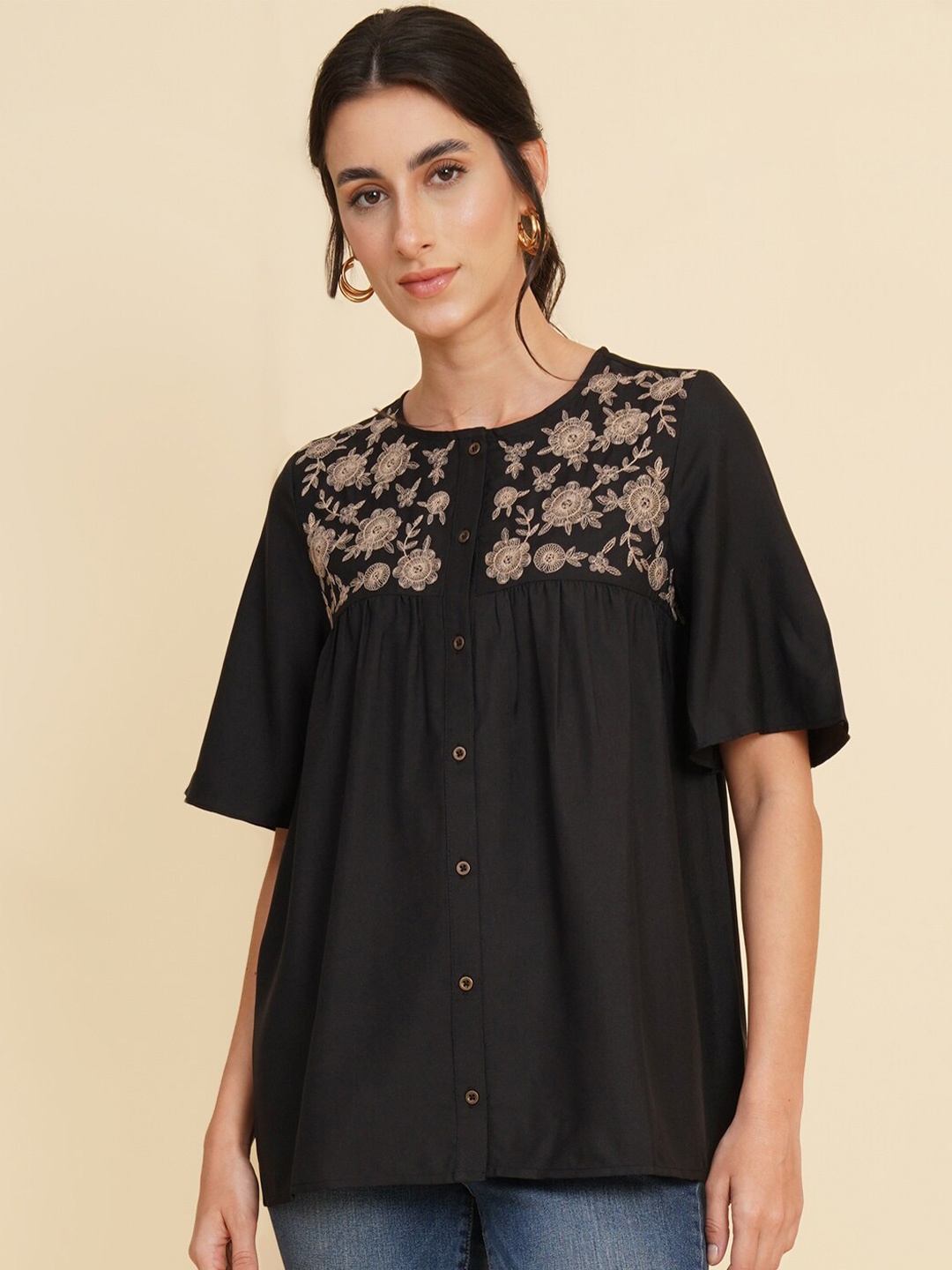 

HOUSE OF KKARMA Floral Embroidered Flared Sleeve A-Line Top, Black