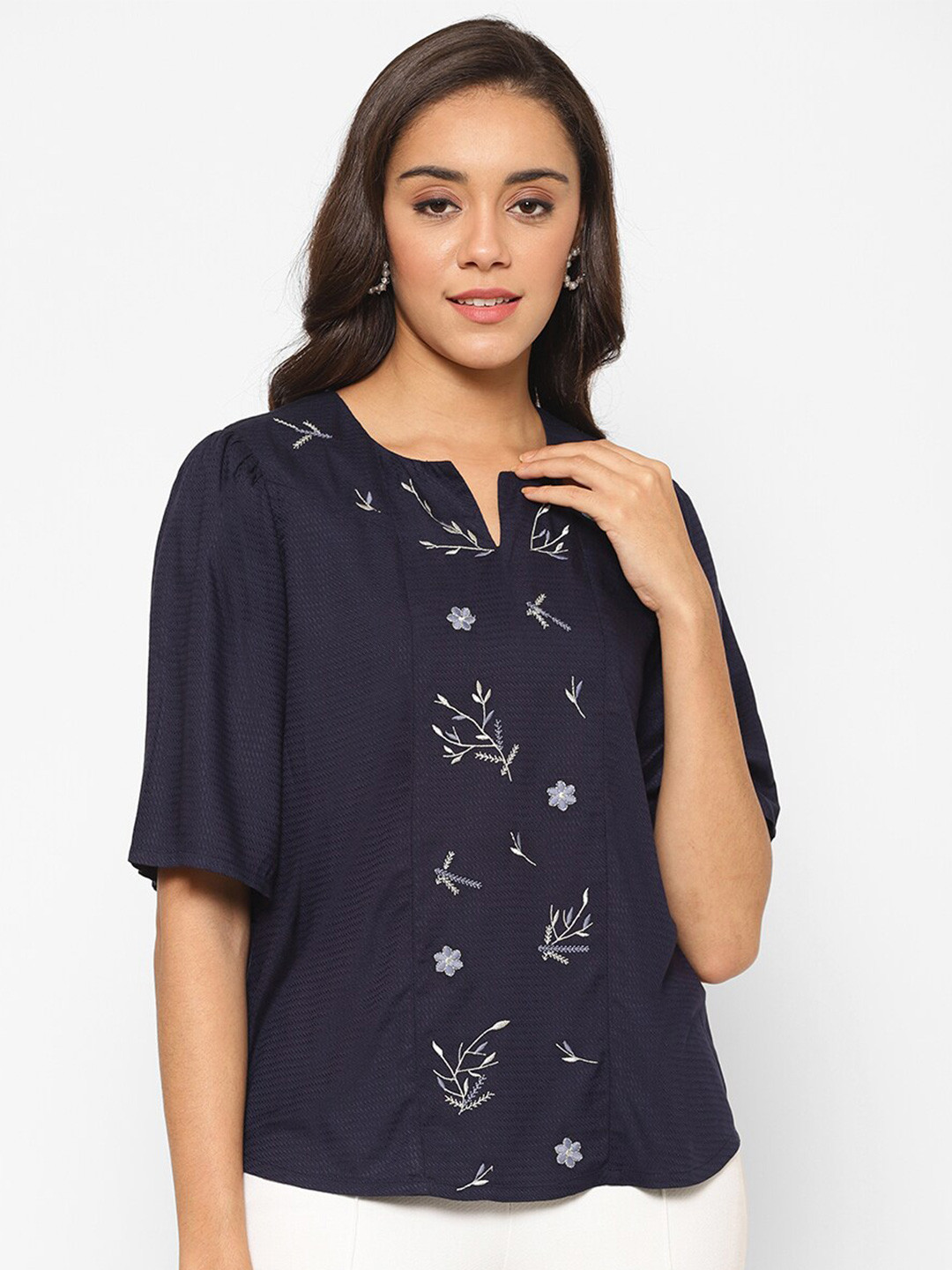 

HOUSE OF KKARMA Floral Embroidered Top, Navy blue