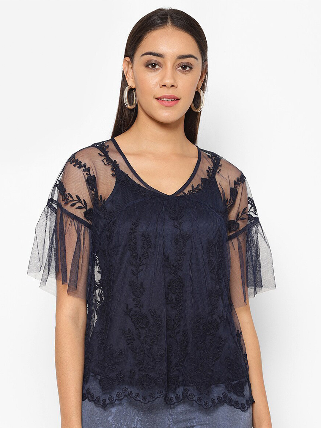 

HOUSE OF KKARMA Self Design V-Neck Top, Navy blue