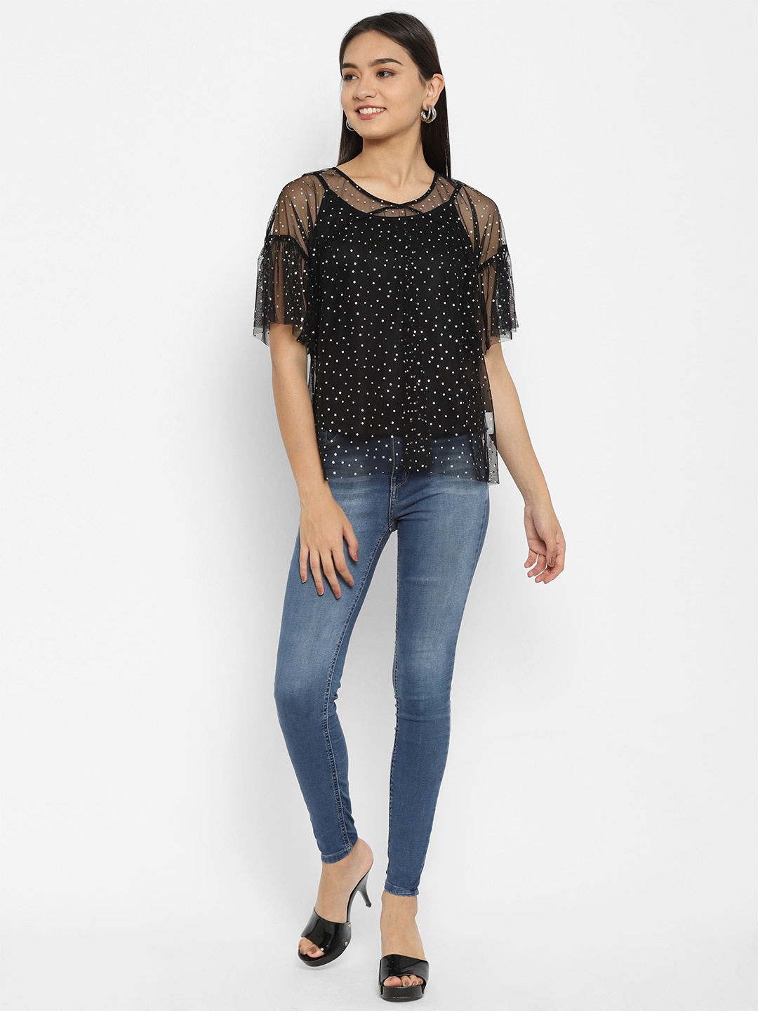 

HOUSE OF KKARMA Round Neck Embellished Print Net Top, Black