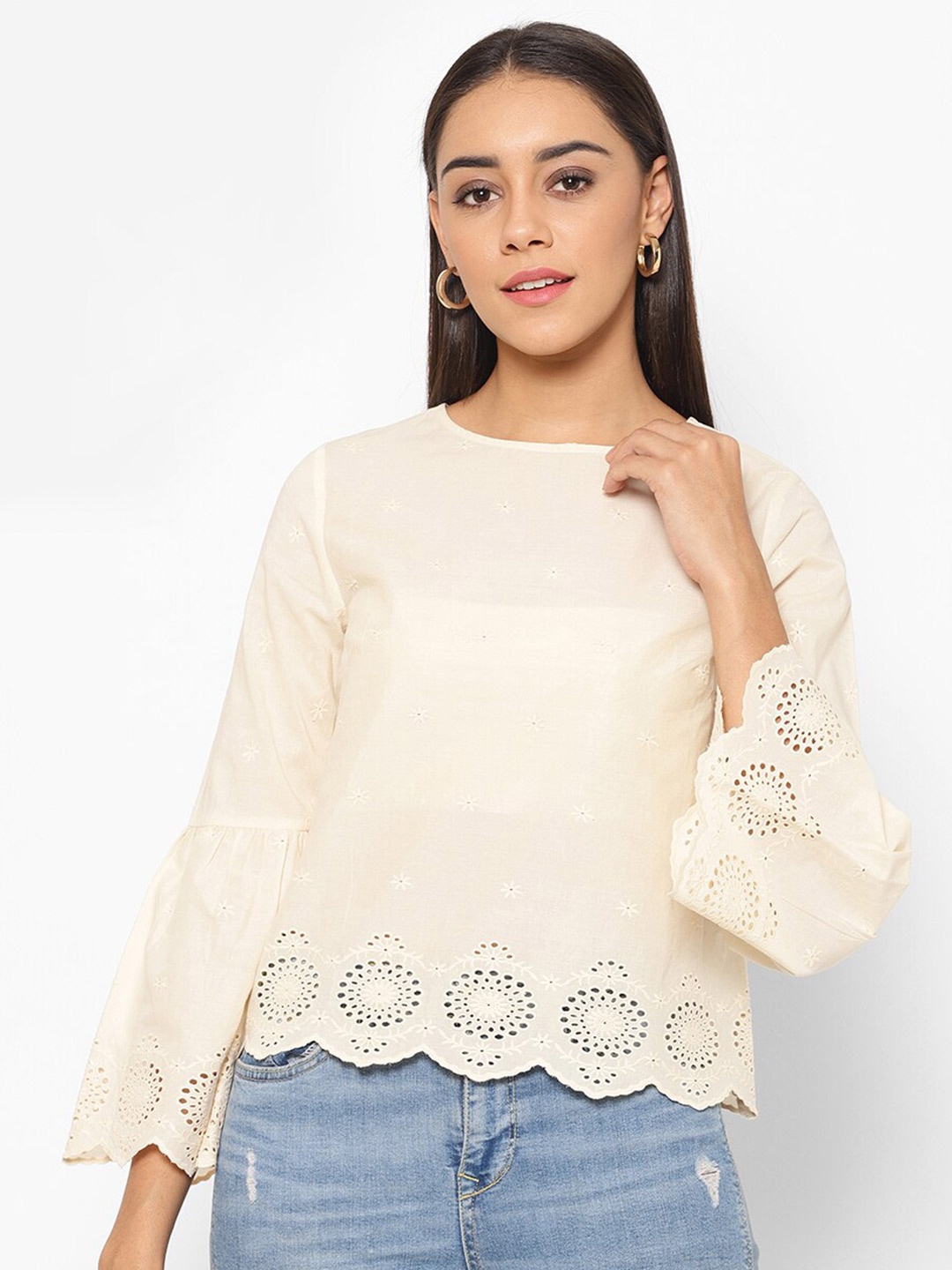 

HOUSE OF KKARMA Floral Embroidered Pure Cotton Schiffli Top, Cream
