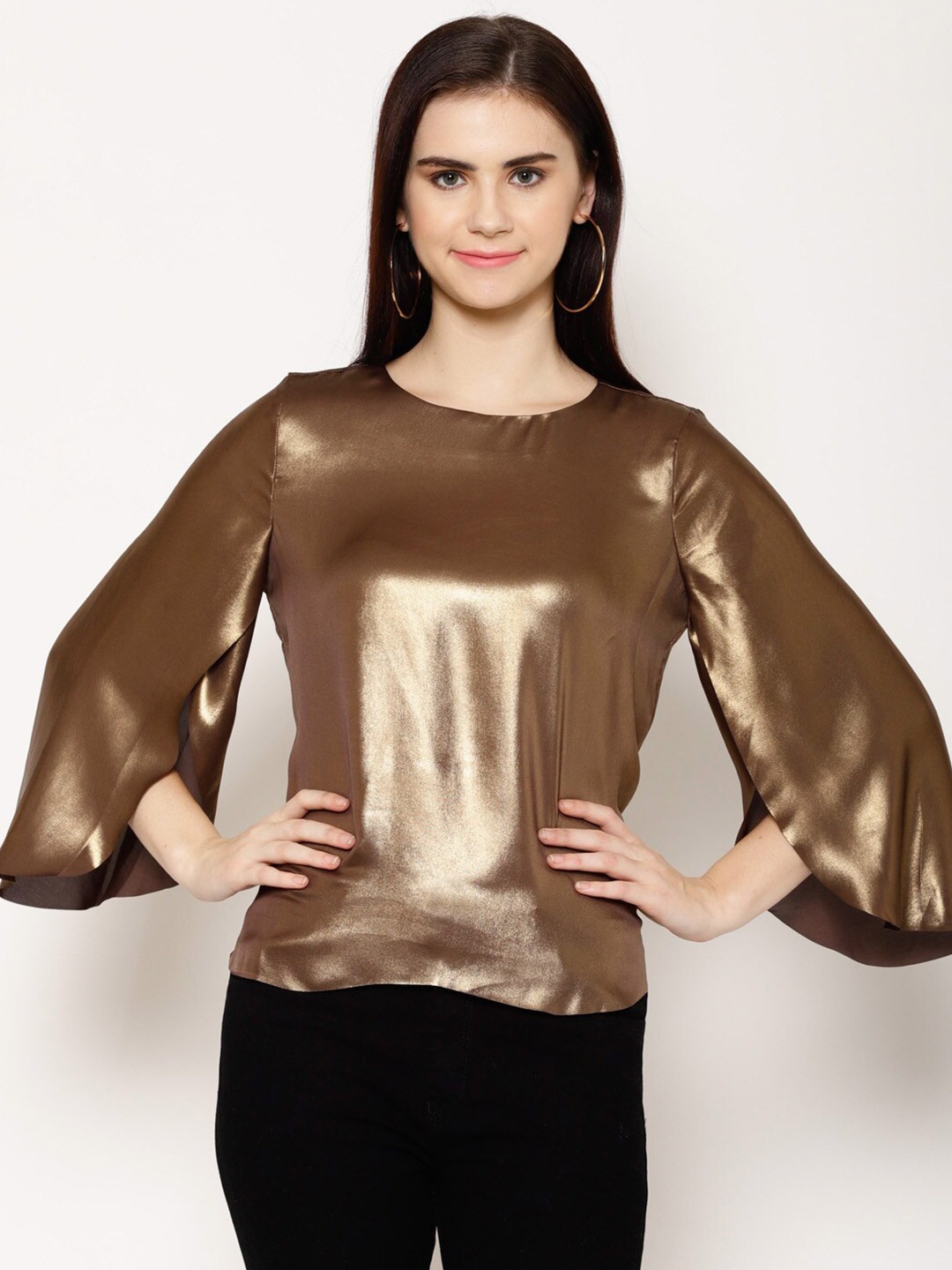 

HOUSE OF KKARMA Round Neck Flared Sleeves Top, Gold
