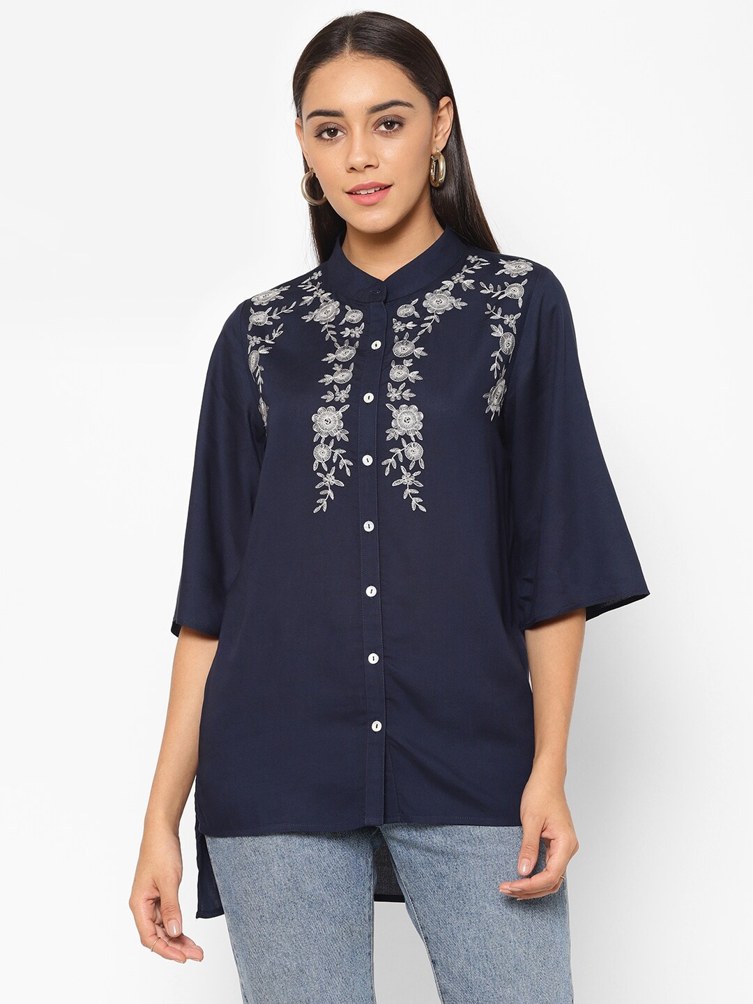 

HOUSE OF KKARMA Floral Embroidered Mandarin Collar Shirt Style Top, Navy blue