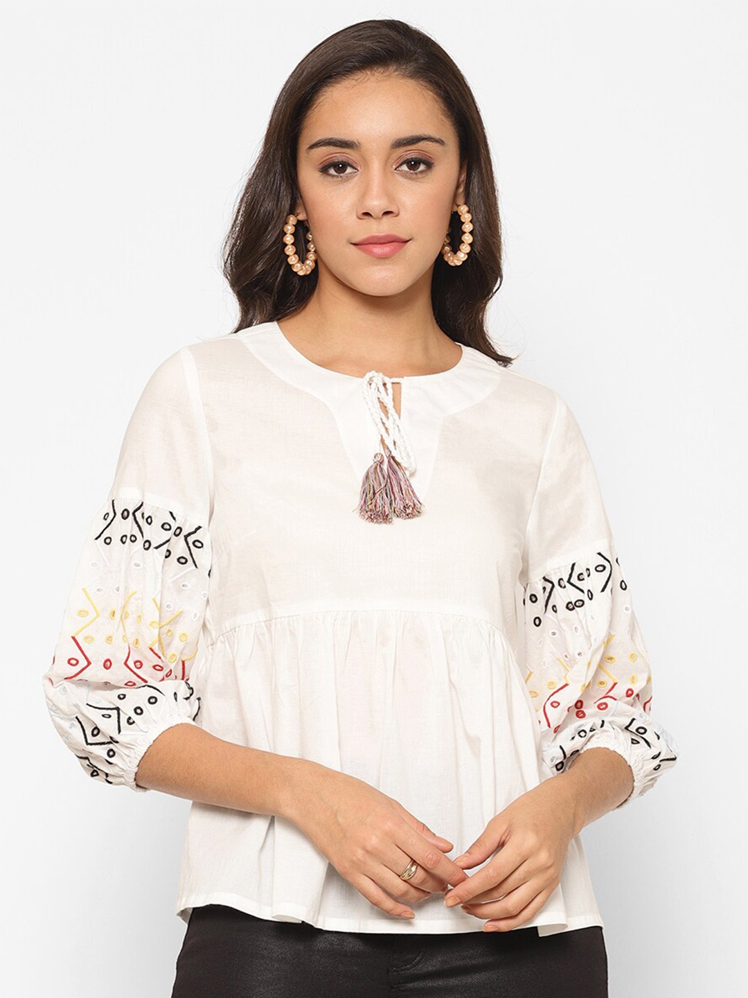 

HOUSE OF KKARMA Tie Up Neck Puff Sleeve Embroidered Pure Cotton Peplum Top, White