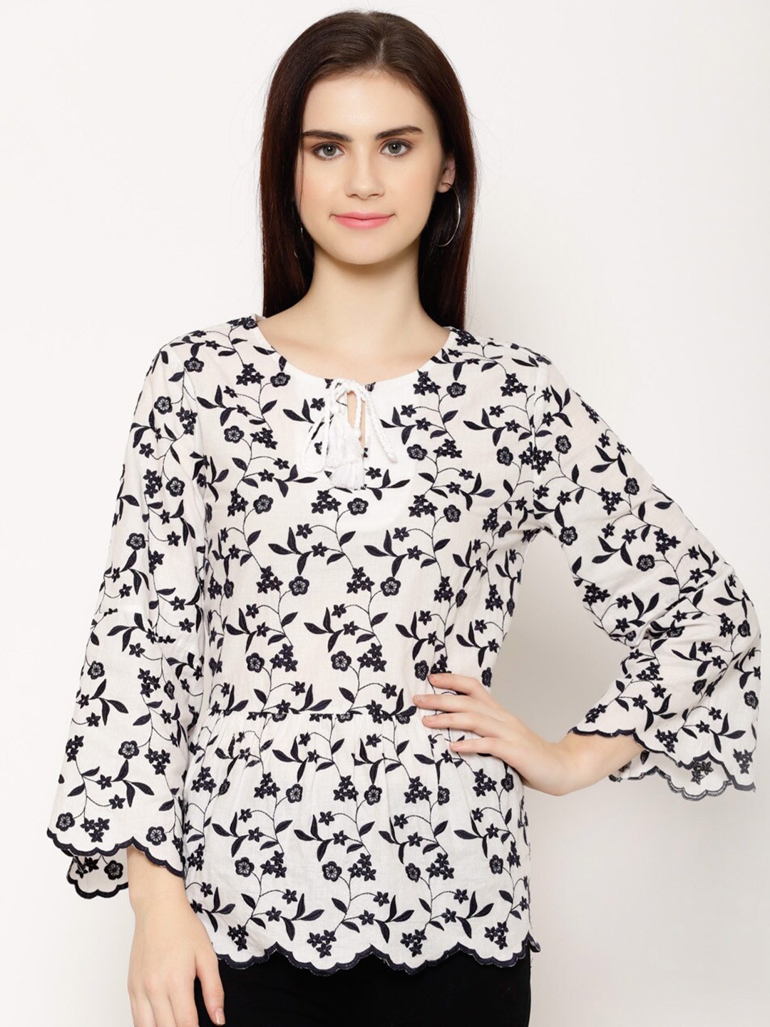 

HOUSE OF KKARMA Floral Embroidered Flared Sleeves Cotton Top, White