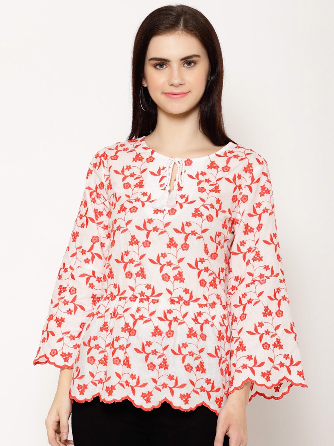 

HOUSE OF KKARMA Floral Print Tie-Up Neck Flared Sleeve Cotton Peplum Top, White
