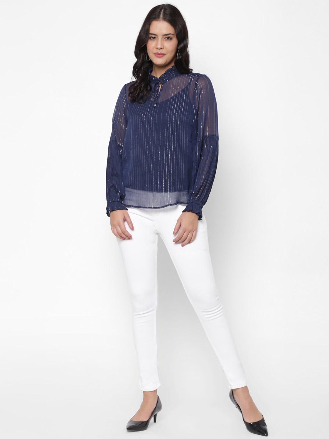 

HOUSE OF KKARMA Vertical Stripes Tie-Up Neck Georgette Shirt Style Top, Navy blue