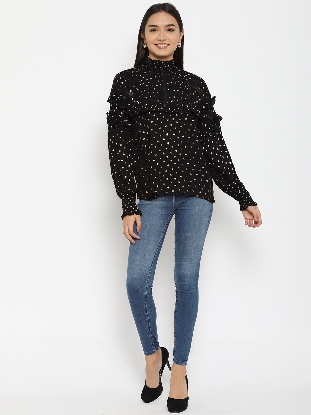 

HOUSE OF KKARMA Polka Dot Printed Top, Black