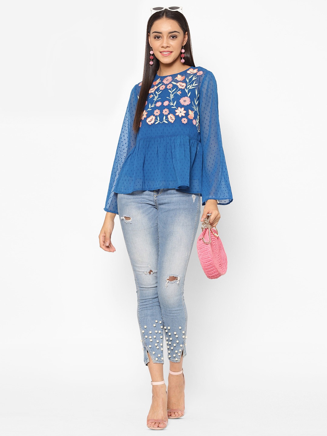 

HOUSE OF KKARMA Floral Embroidered Flared Sleeve A-Line Top, Blue