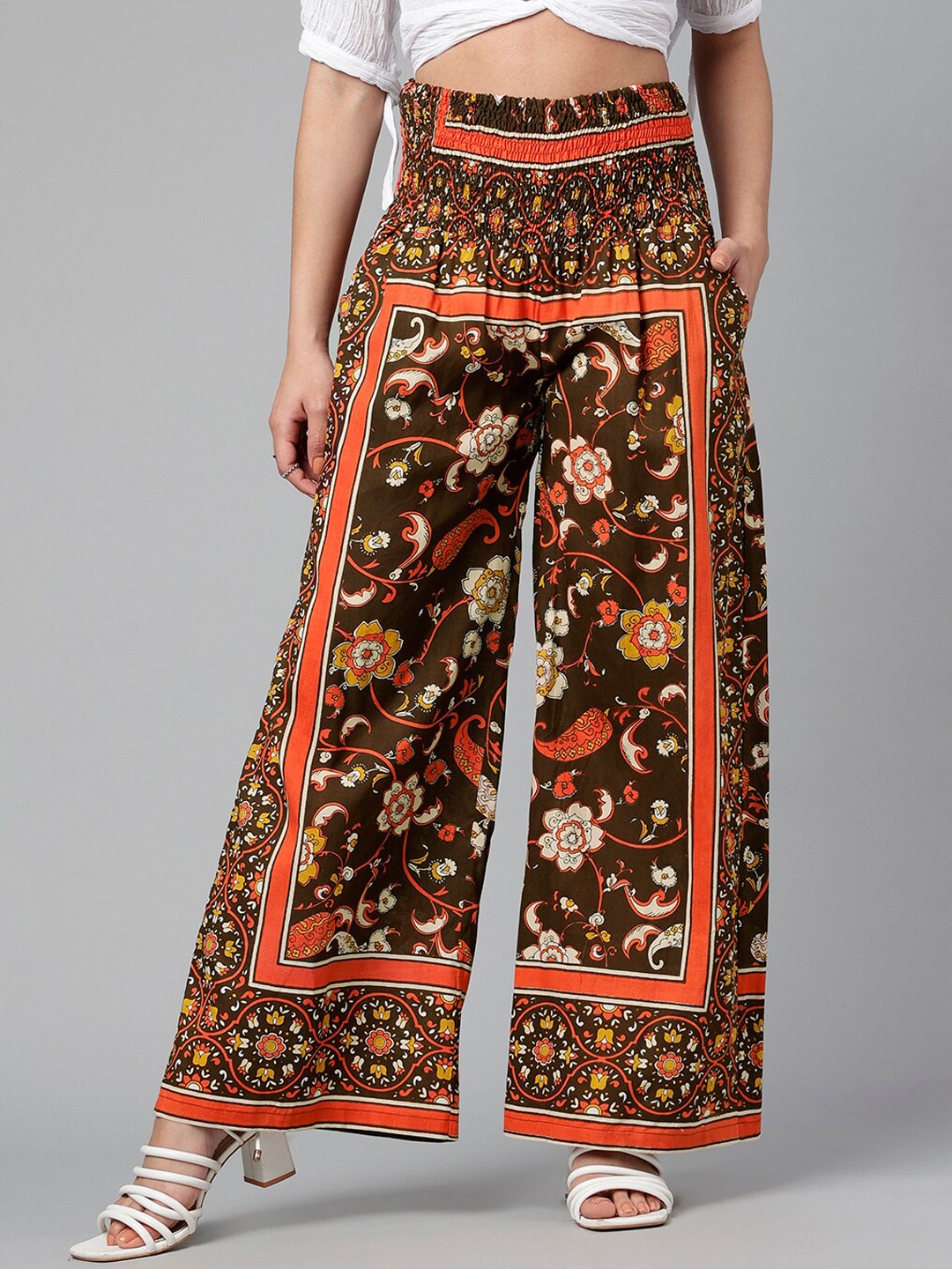 

I Love She Women Floral Printed Relaxed Straight Leg High-Rise Cotton Parallel Trousers, Brown