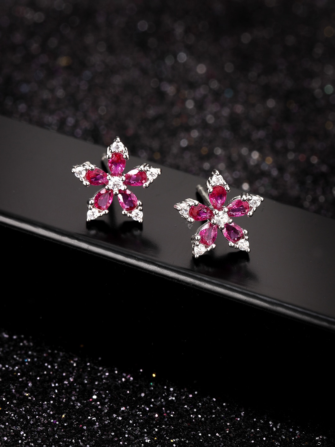 

PRIONI 925 Sterling Silver Rhodium-Plated Pink Cubic Zirconia Studs Earrings