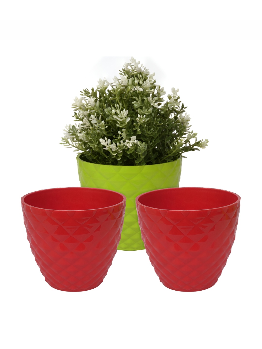 

Kuber Industries Red & Green 3 Pieces Diamond Flower Planters