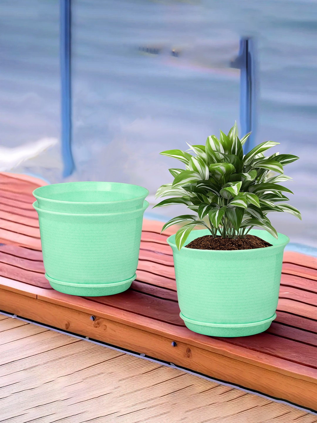 

Kuber Industries Green 3 Pieces Ribbed Duro Flower Planters