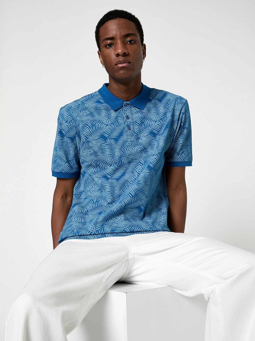 

Koton Printed Polo Collar Cotton Slim Fit T-shirt, Blue