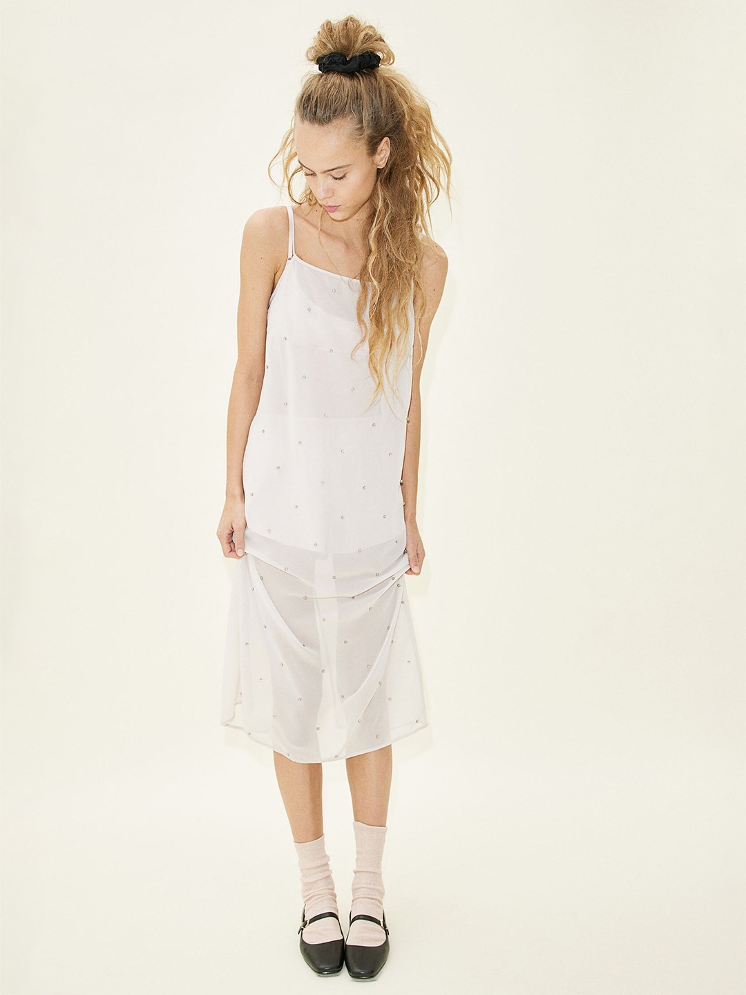 

H&M Sheer Embellished Slip Dress, Beige