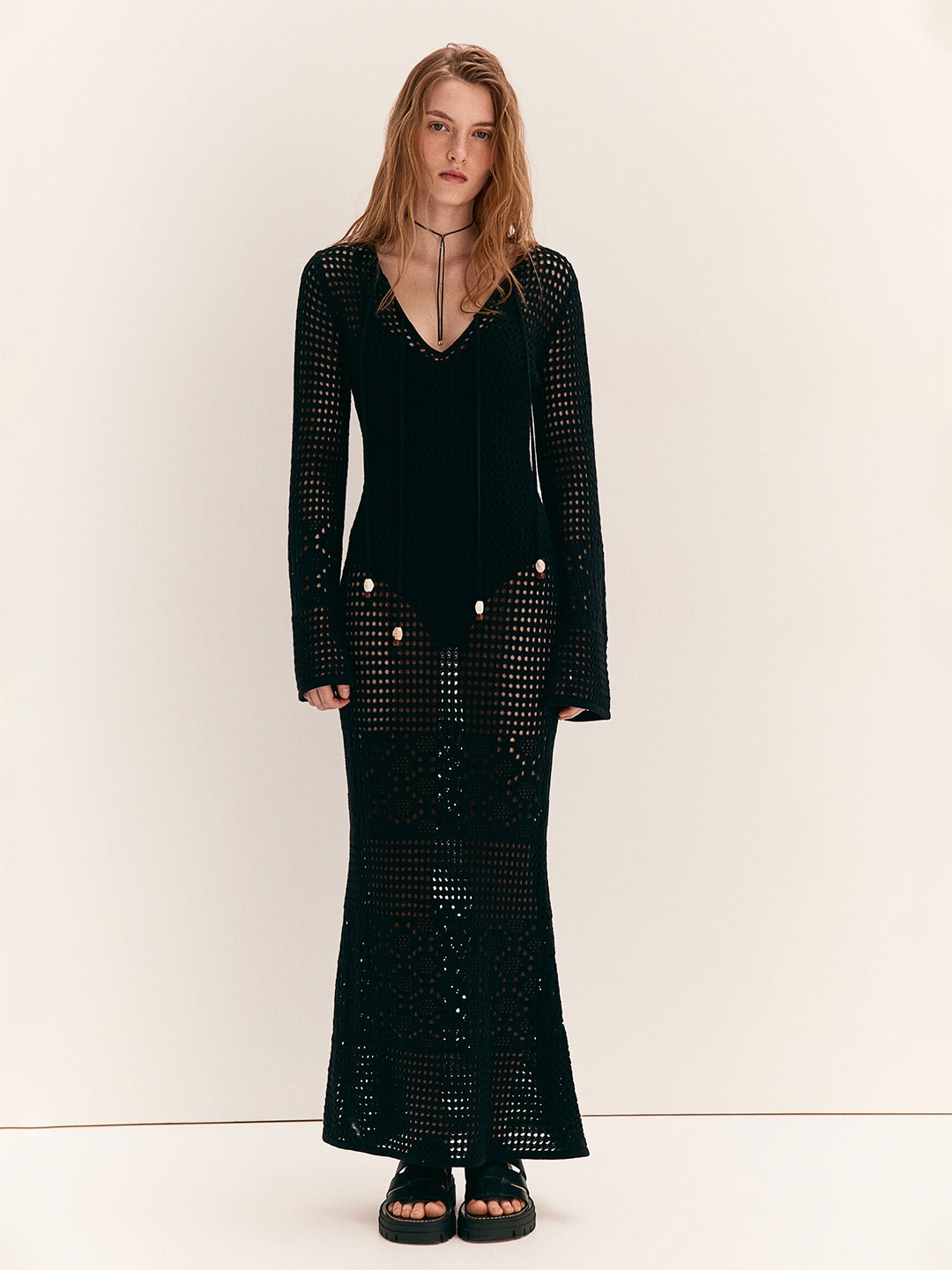 

H&M Beaded-Tie-Detail Hole-Knit Dress, Black