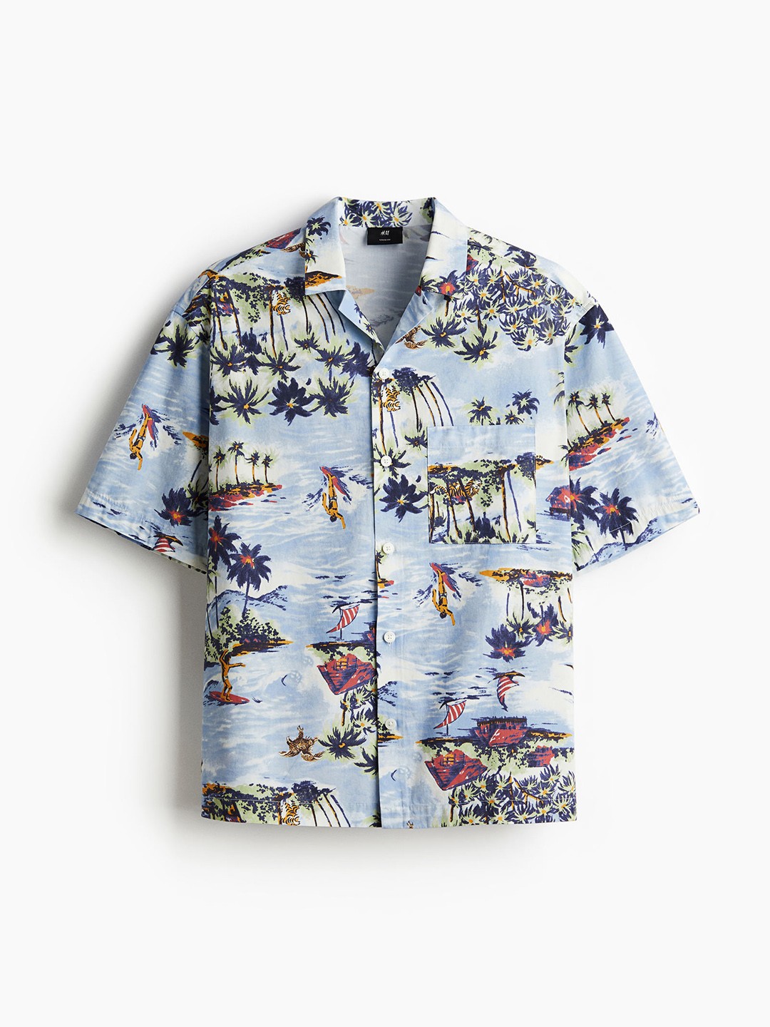 

H&M Men Pure Cotton Loose Fit Resort Shirt, Blue