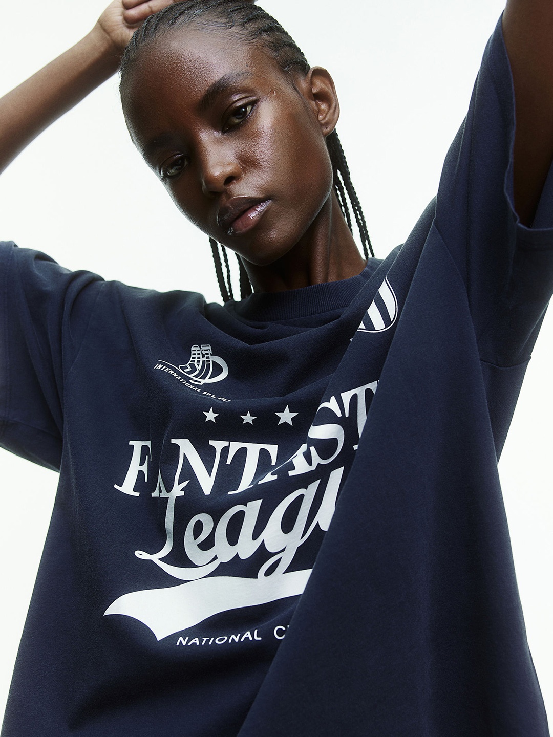 

H&M Pure Cotton Oversized Motif-Detail T-Shirt, Navy blue