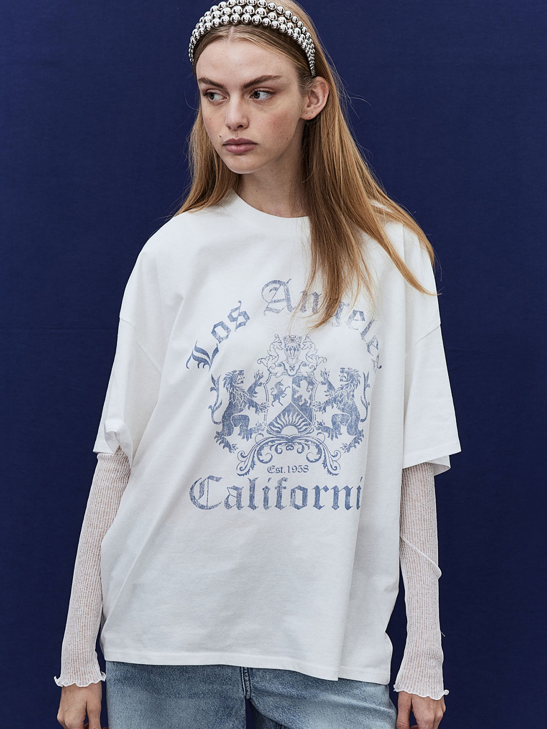 

H&M Pure Cotton Oversized Motif-Detail T-shirt, White