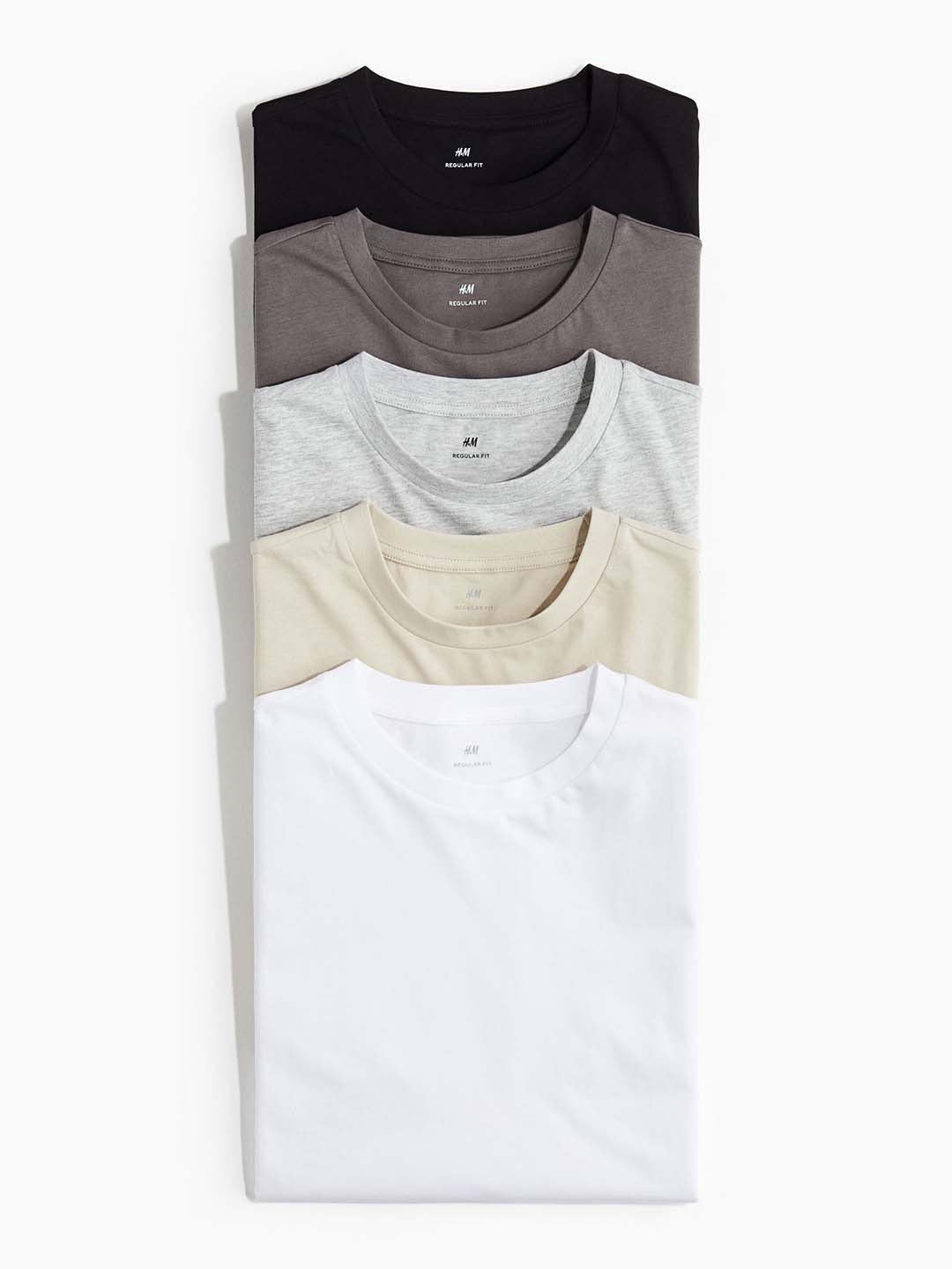 

H&M Men Pure Cotton 5-Pack Regular Fit T-shirts, Grey