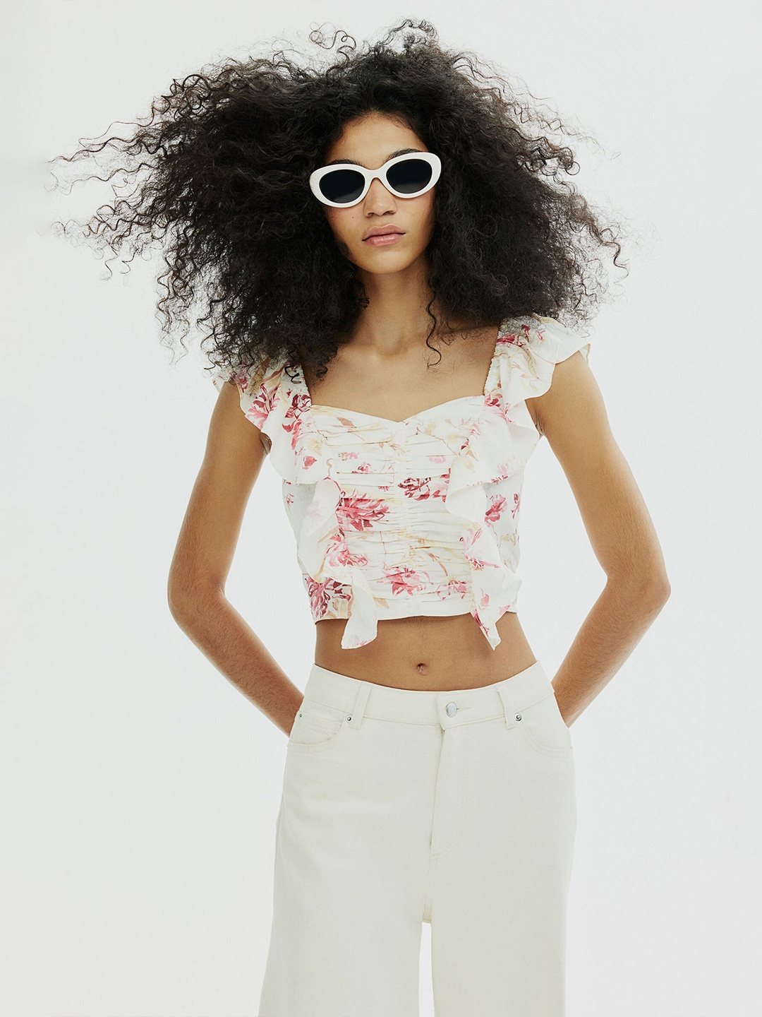 

H&M Linen-Blend Cropped Blouse, White