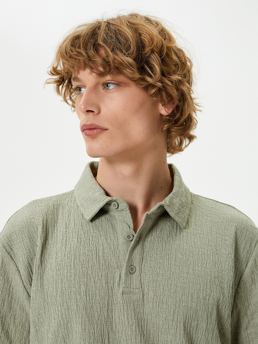 Koton Self Design Polo Collar Cotton T-shirt, Green