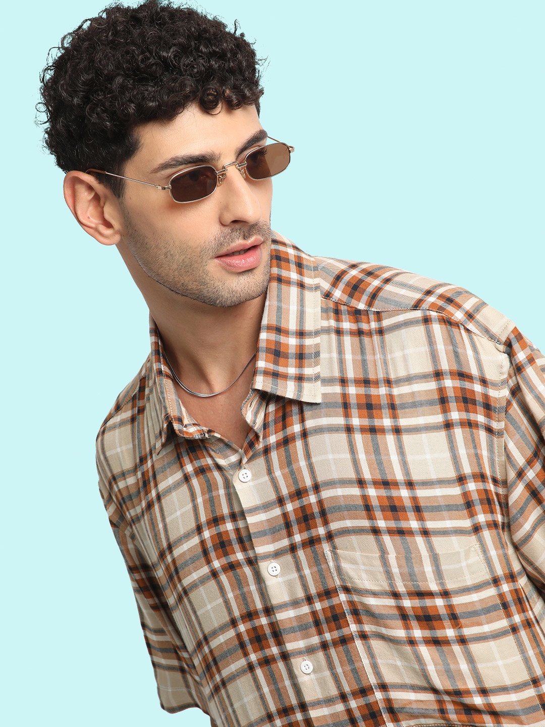Bene Kleed Tartan Checked Oversized Drop Sholder Casual Shirt, Brown
