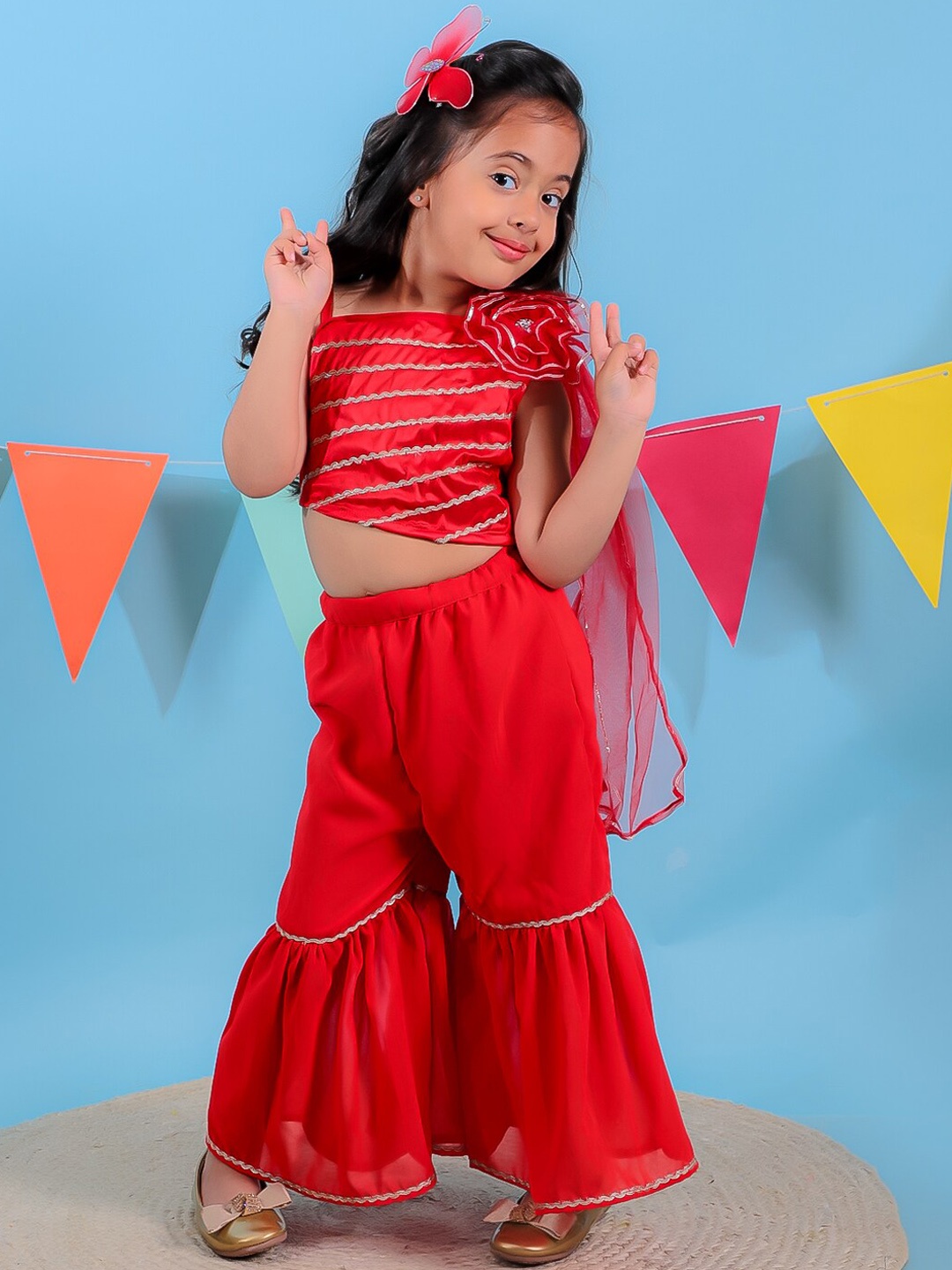 

Stuffie Land Girls One Shoulder Striped Top with Palazzos, Red