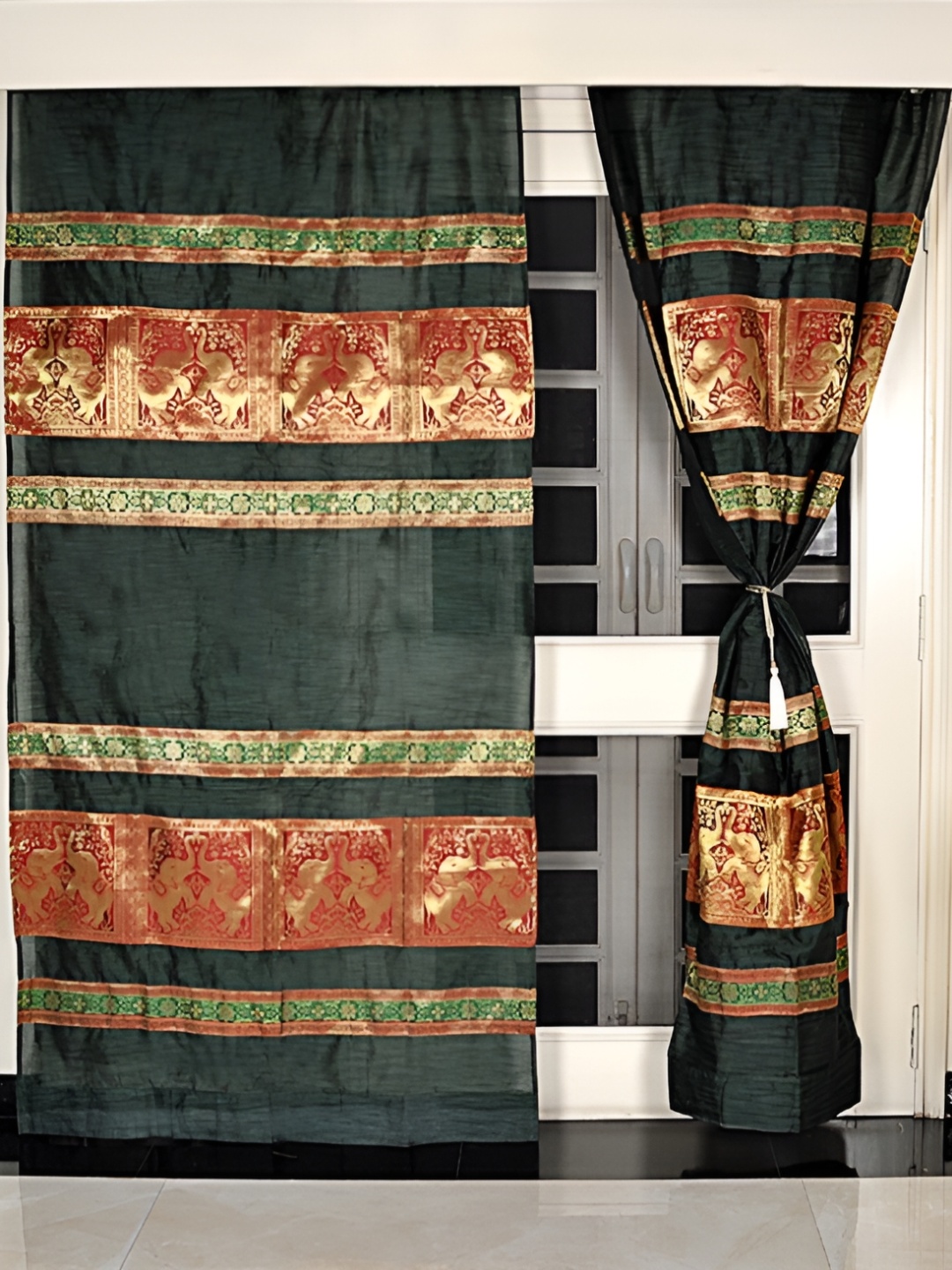 

Lal Haveli Green 2 Pieces Floral Sheer Long Door Curtains