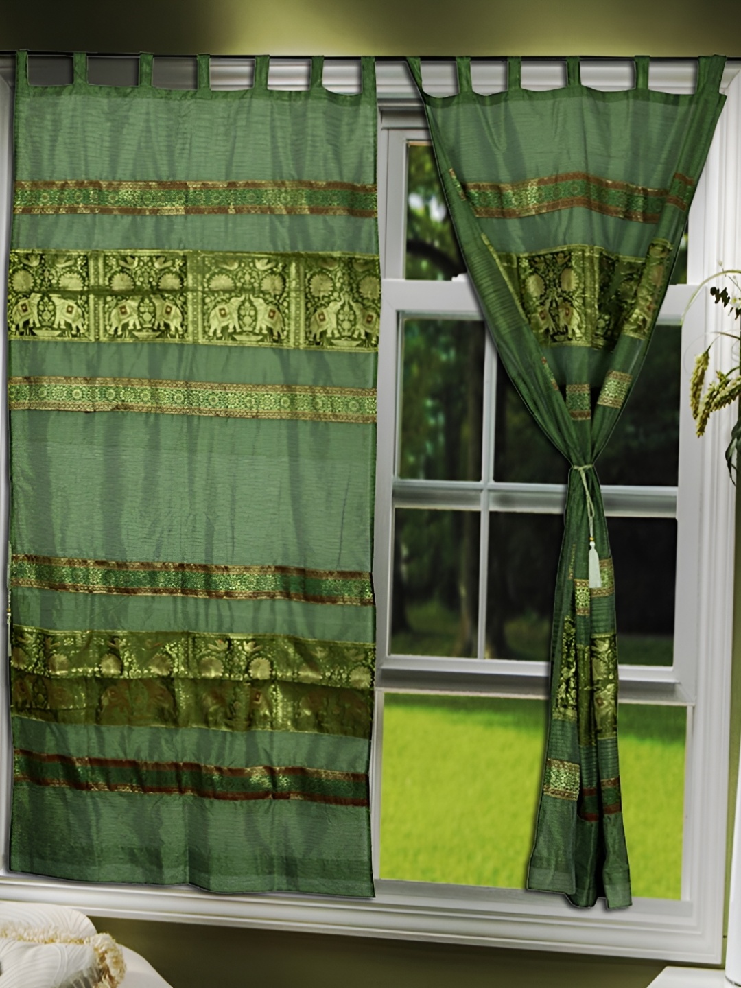 Lal Haveli Green 2 Pieces Floral Sheer Long Door Curtains, Multi