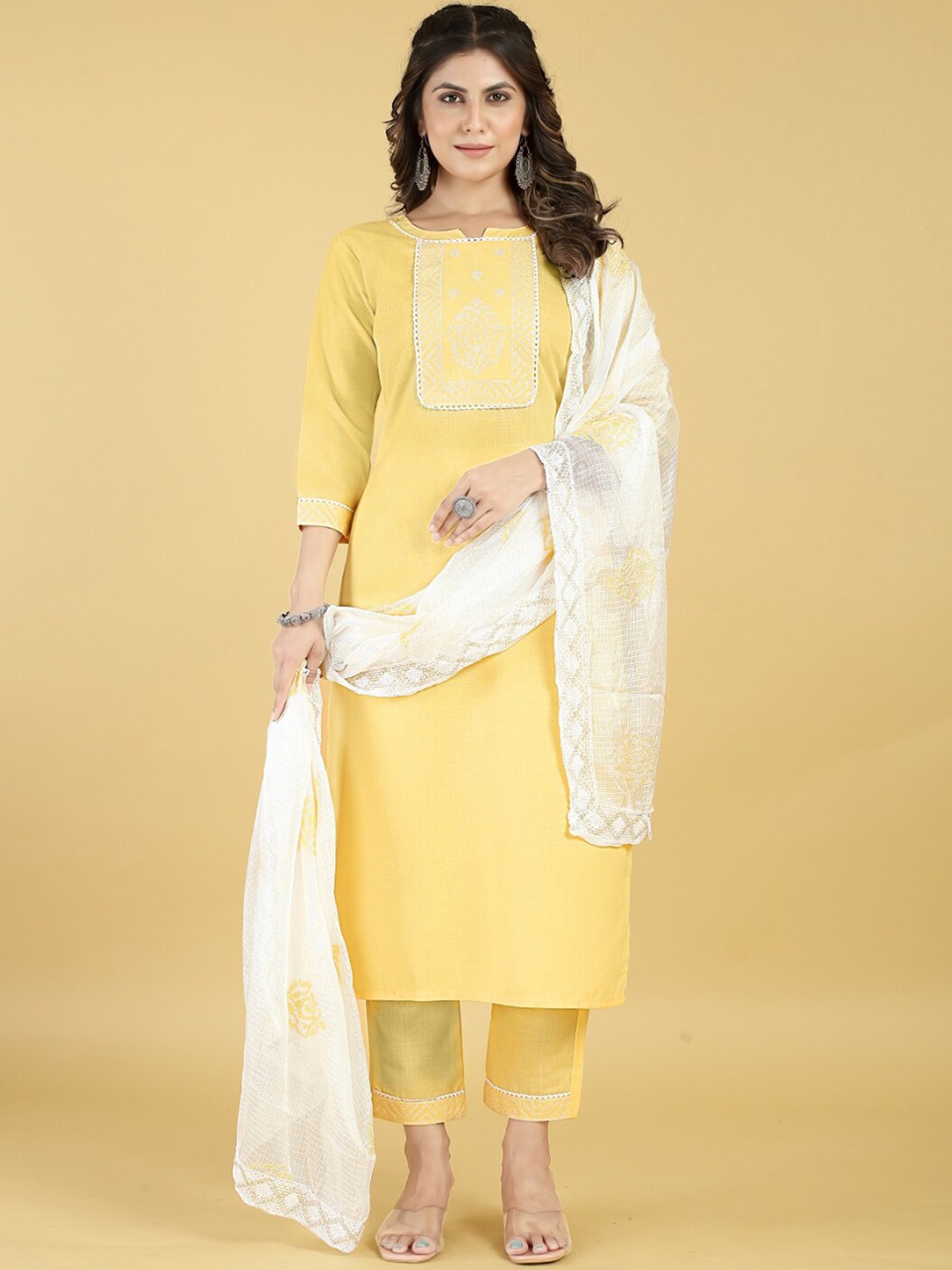 

MINGORA Ethnic Motifs Yoke Design Round Neck Straight Kurta with Trousers & Dupatta, Yellow