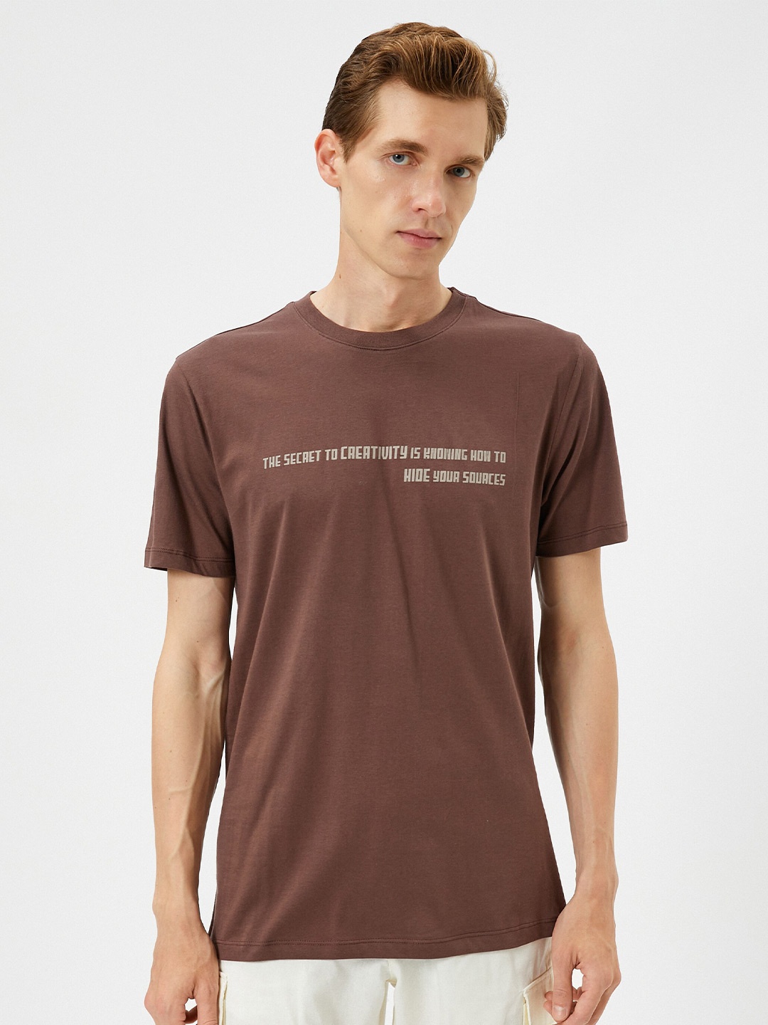 

Koton Typography Printed Round Neck Short Sleeves Cotton T shirt, Brown