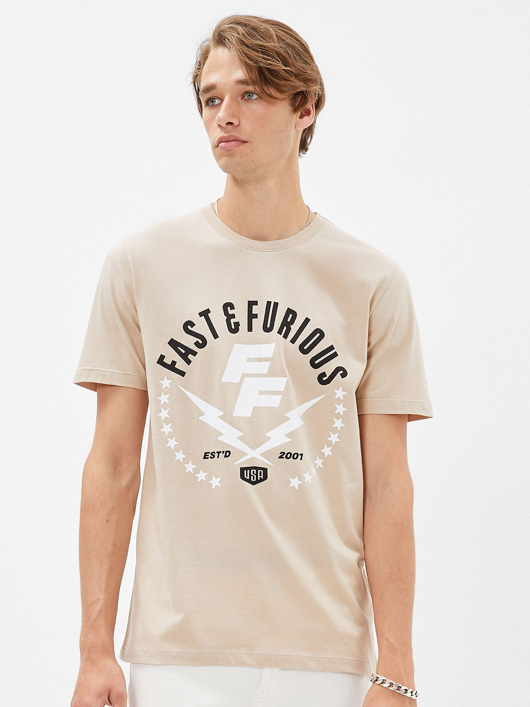 

Koton Round Neck Typography Printed Cotton Regular Fit T-shirt, Beige