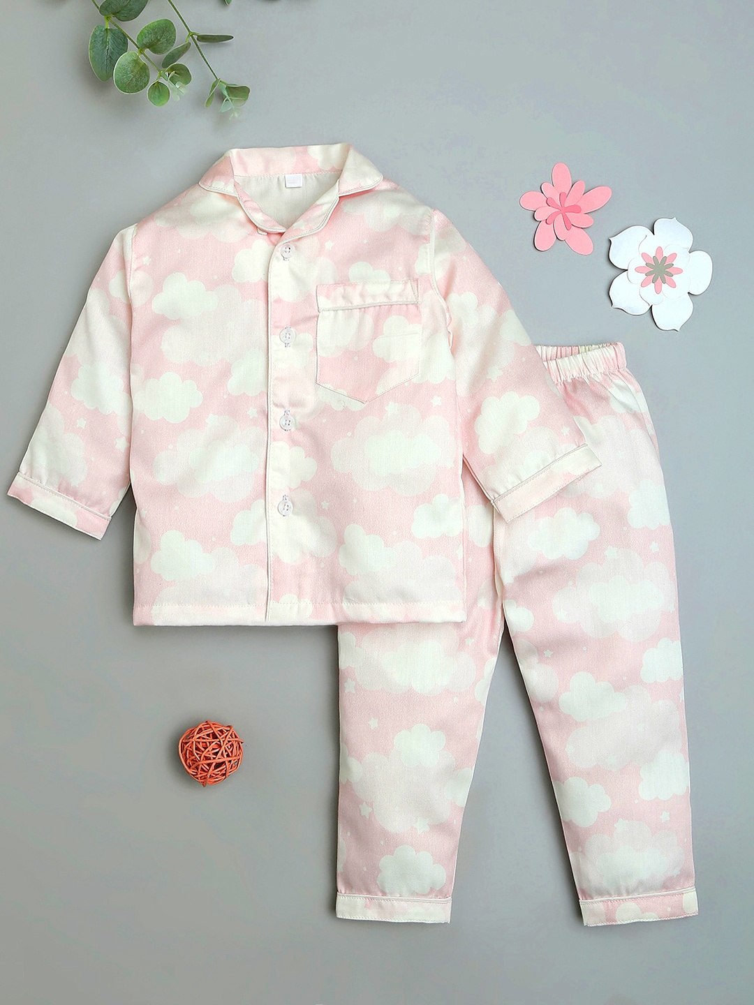 

Fancy Fluff Girls Conversational Printed Night suit, Pink