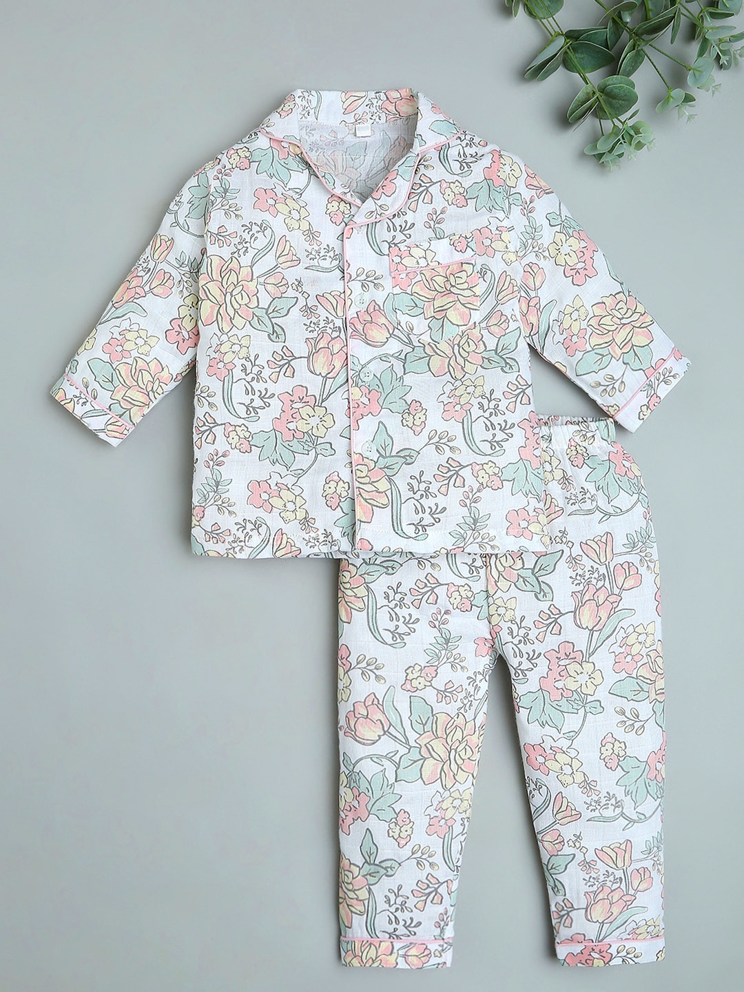 

Fancy Fluff Girls Floral Printed Night suit, Peach
