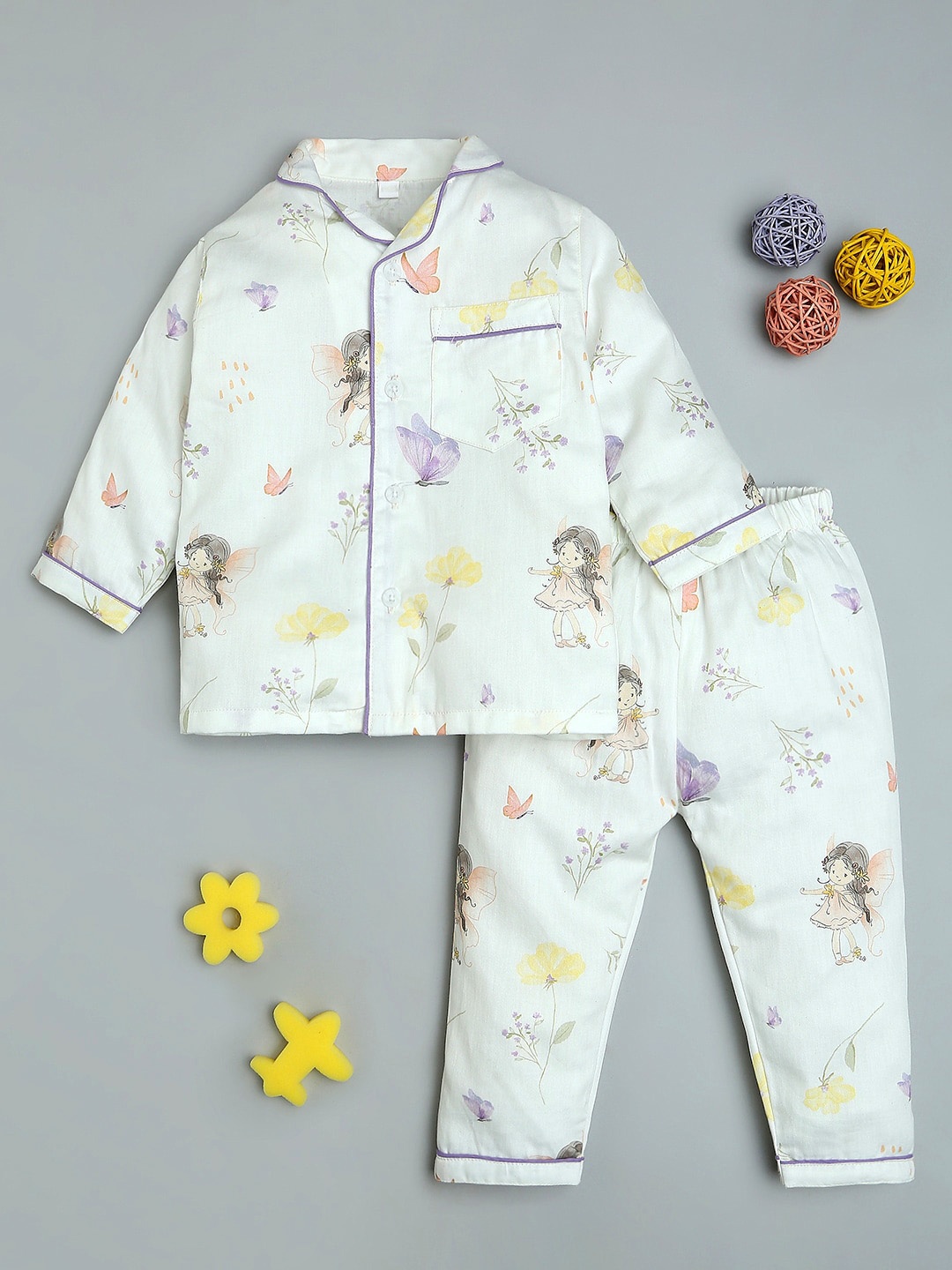 

Fancy Fluff Girls Conversational Printed Night suit, Purple