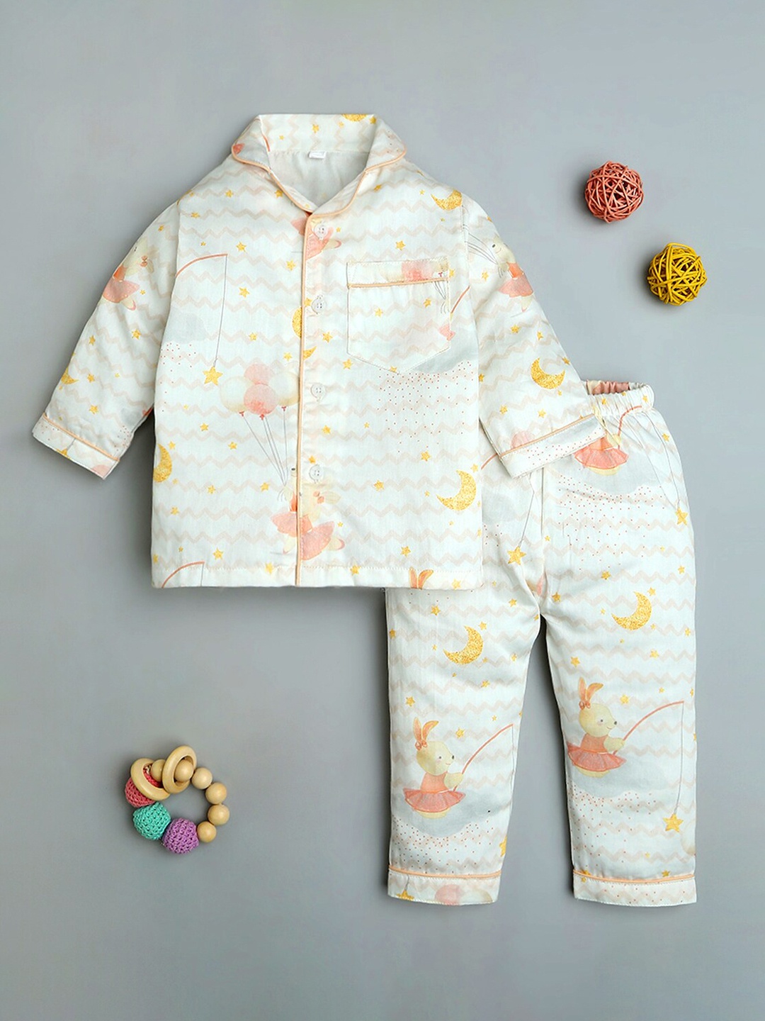 

Fancy Fluff Girls Conversational Printed Night suit, Peach