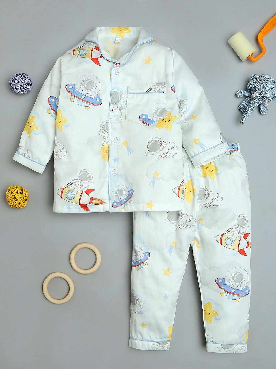 

Fancy Fluff Boys Conversational Printed Night suit, White