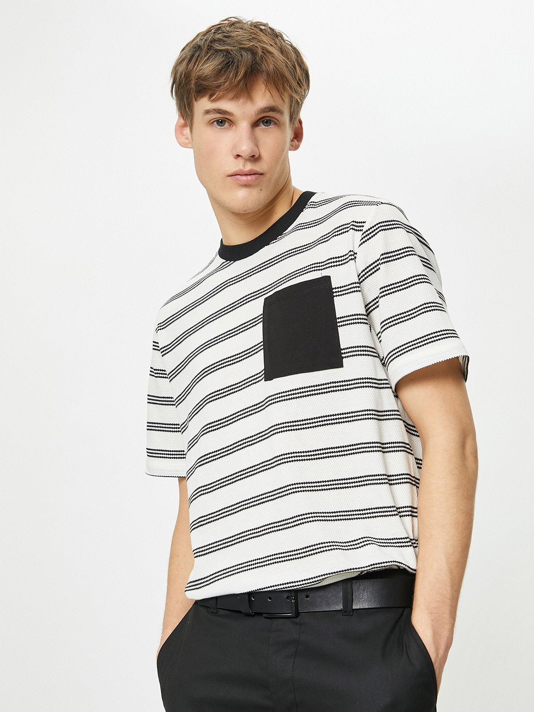 

Koton Striped Round Neck Cotton Knitted T-shirt, Black