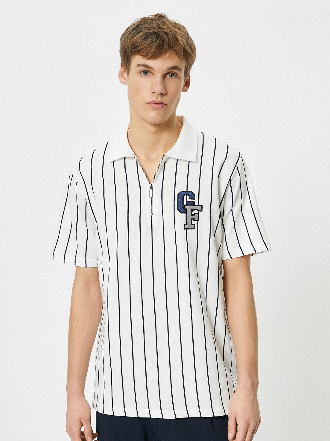 

Koton Striped Polo Collar Short Sleeves Cotton T-shirt, White