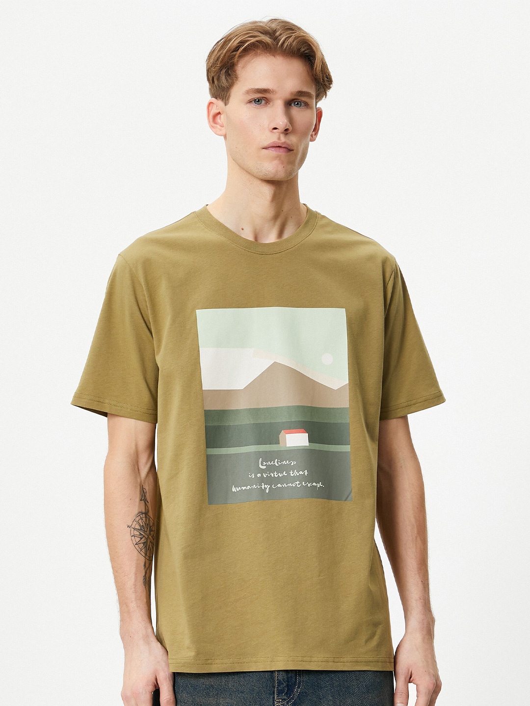 

Koton Graphic Printed Round Neck Cotton Applique T-shirt, Khaki