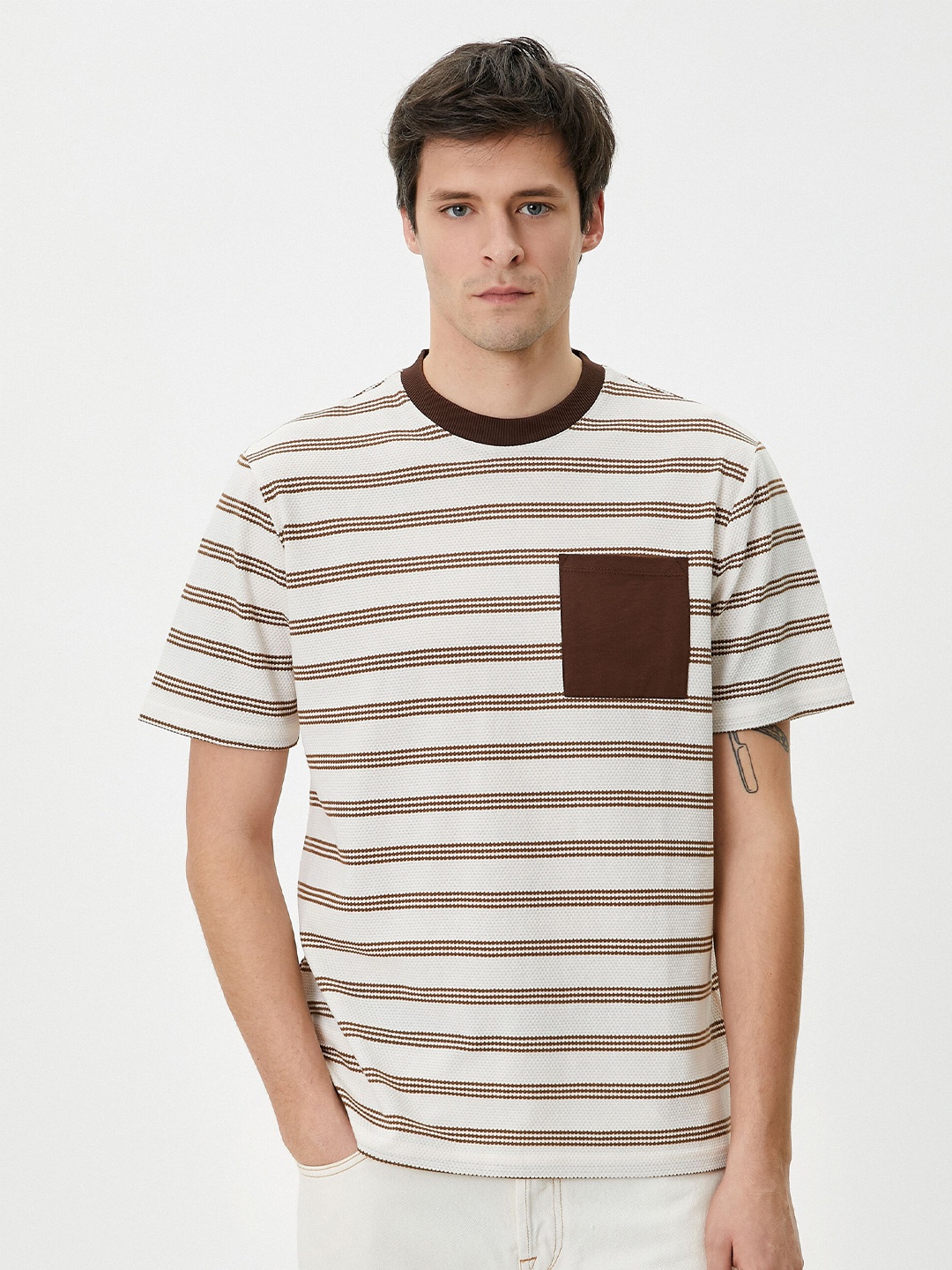 

Koton Striped Round Neck Short Sleeves Cotton T-shirt, Brown