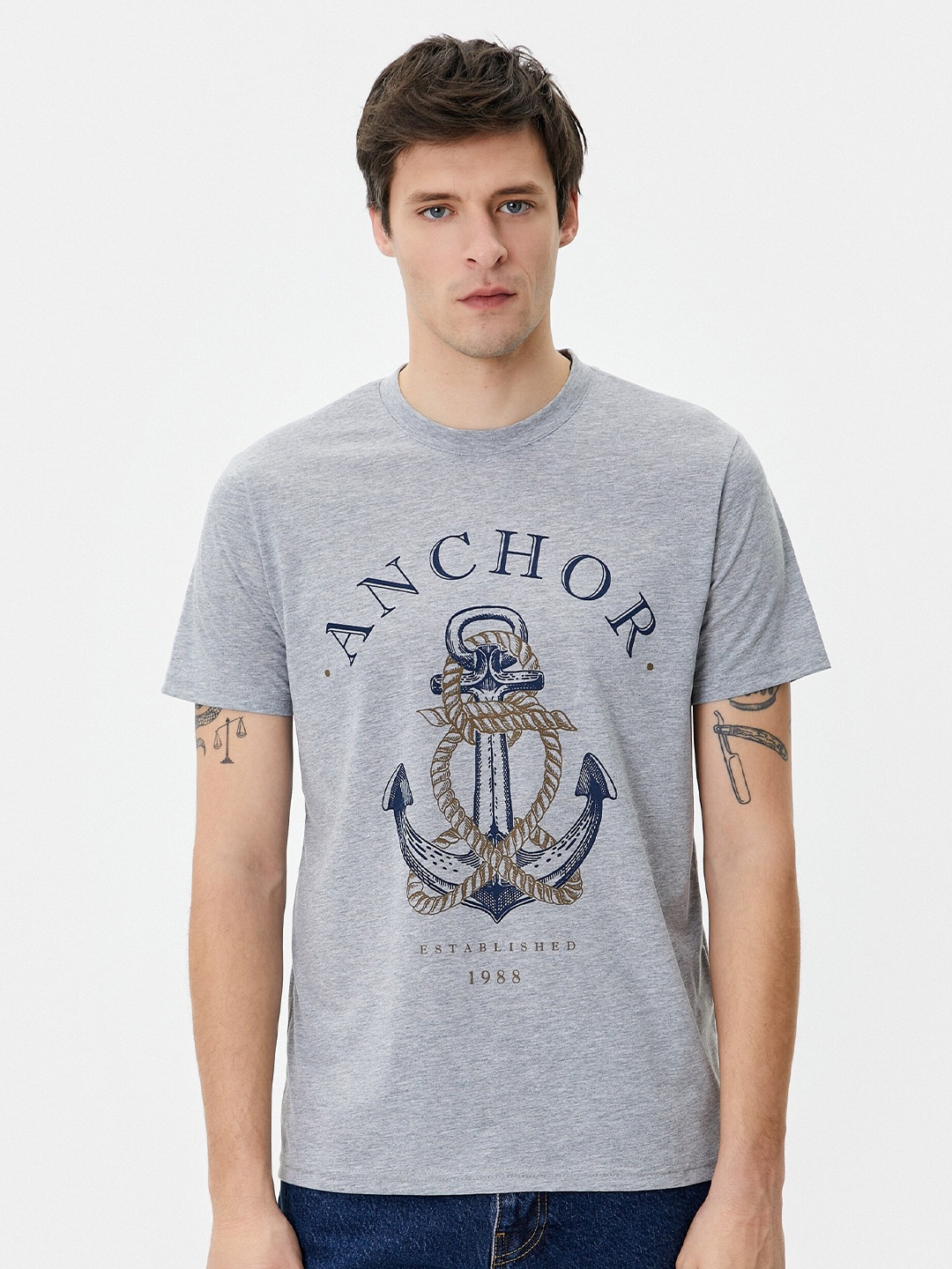 

Koton Round Neck Graphic Printed Slim Fit T-shirt, Grey