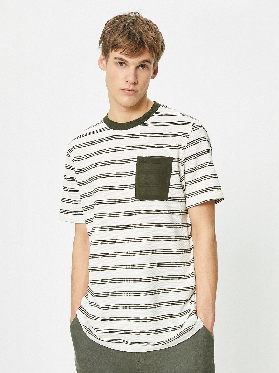 

Koton Striped Round Neck Short Sleeves Cotton T-shirt, Khaki