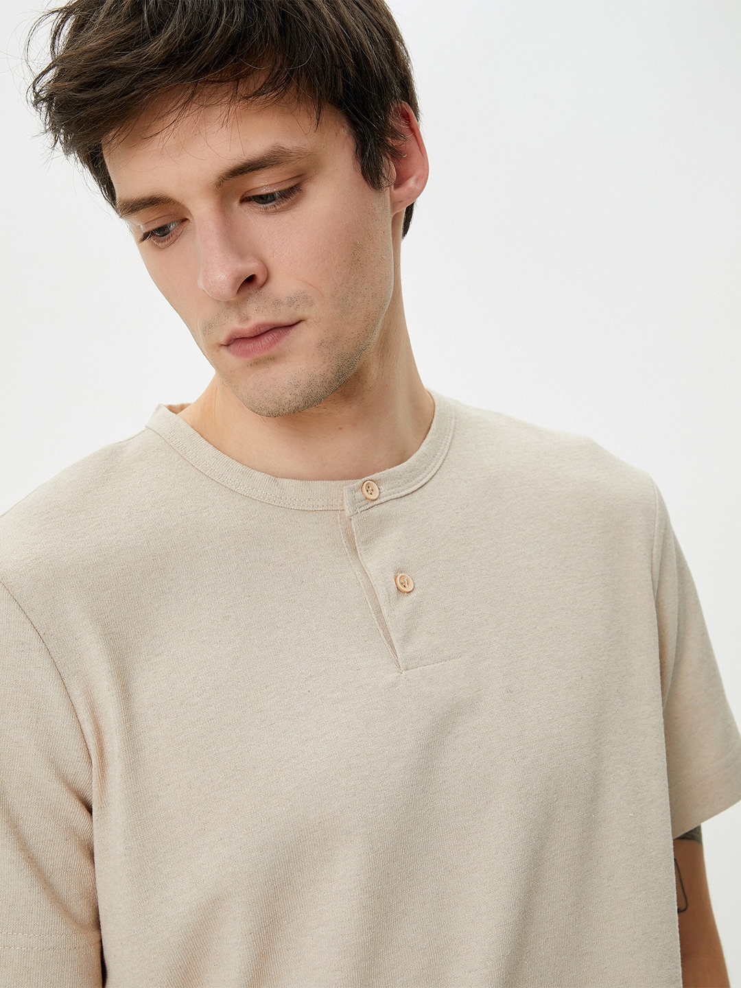 Koton Henley Neck Short Sleeves Regular Fit T-shirt, Beige