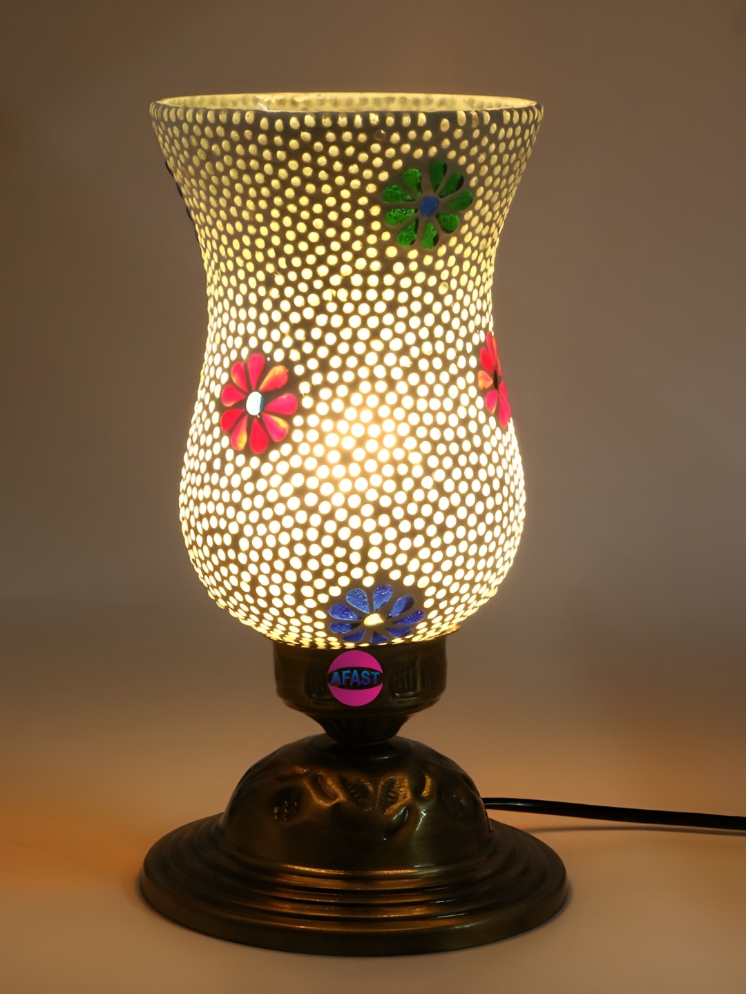

1ST TIME White and Red Textured Glass Contemporary Bell Shaped Table Lamp
