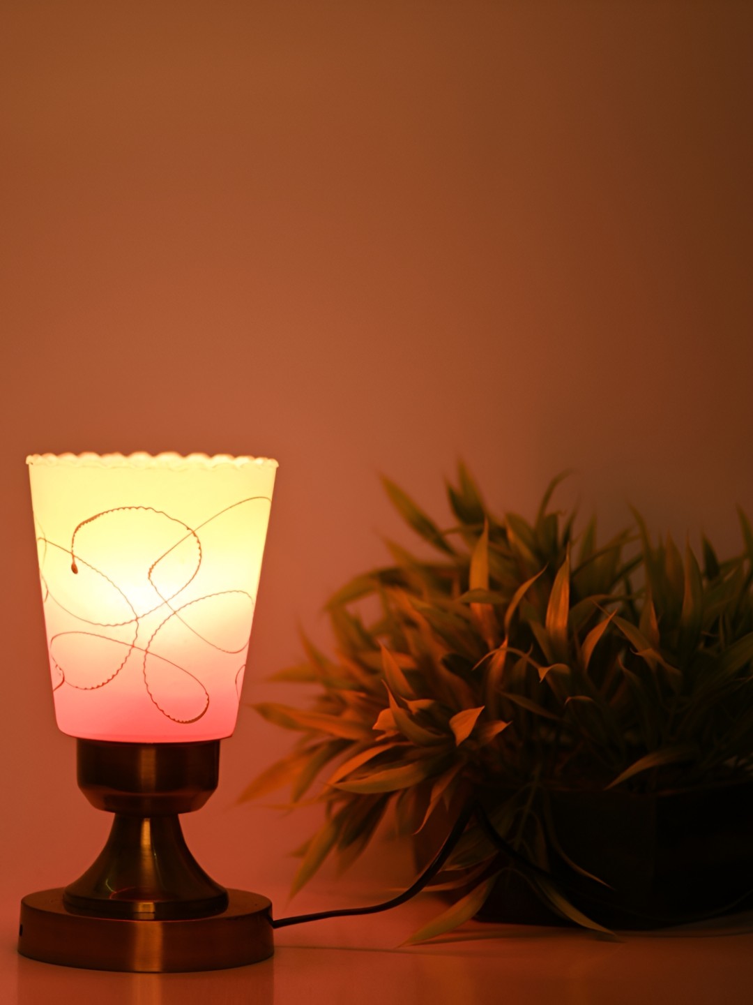 1ST TIME Pink and Yellow Printed Glass Contemporary Frusturical Shaped Table Lamp