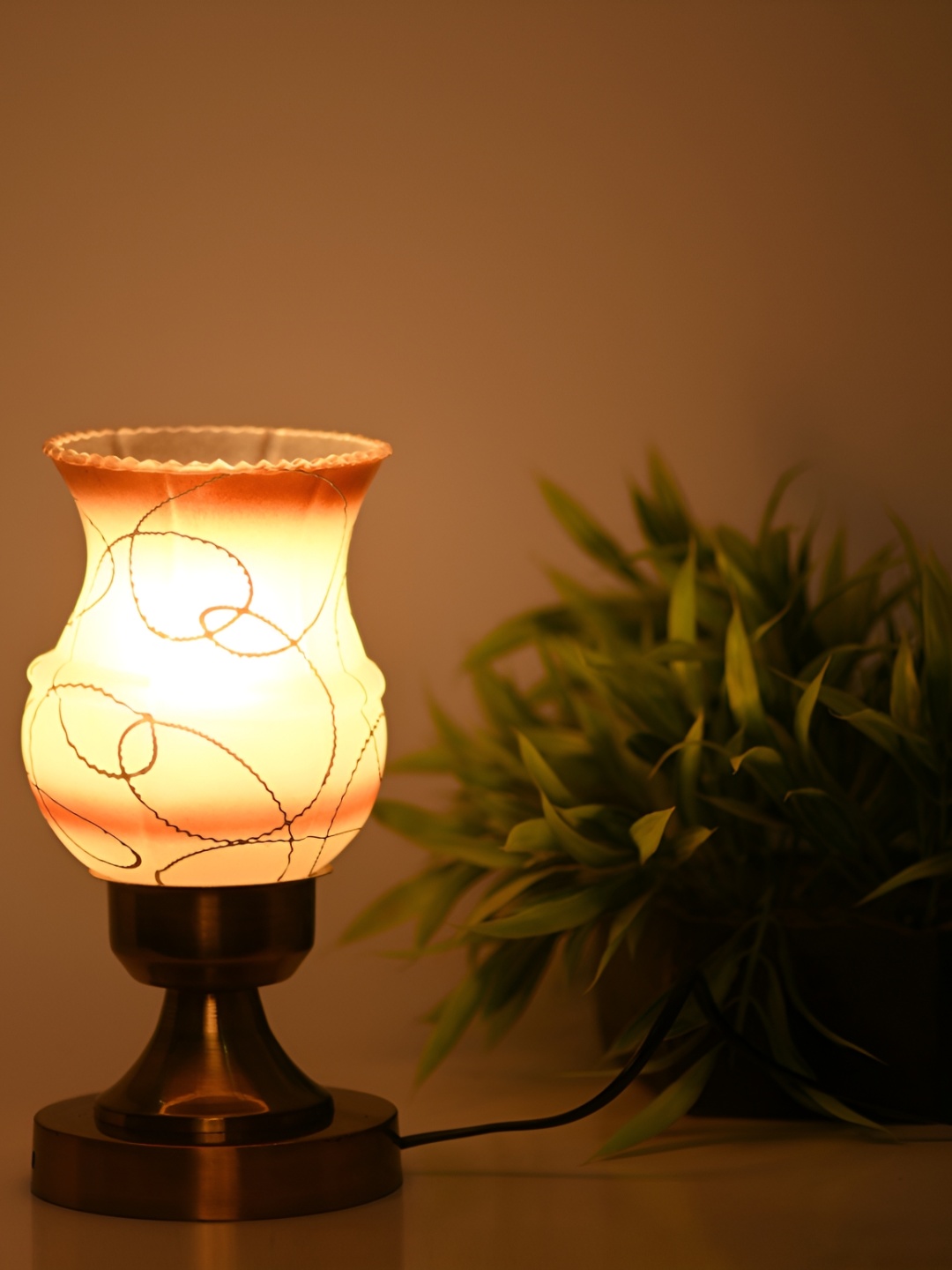 

1ST TIME Gold-Toned & Orange Printed Metal Traditional Bell Shaped Table Lamp