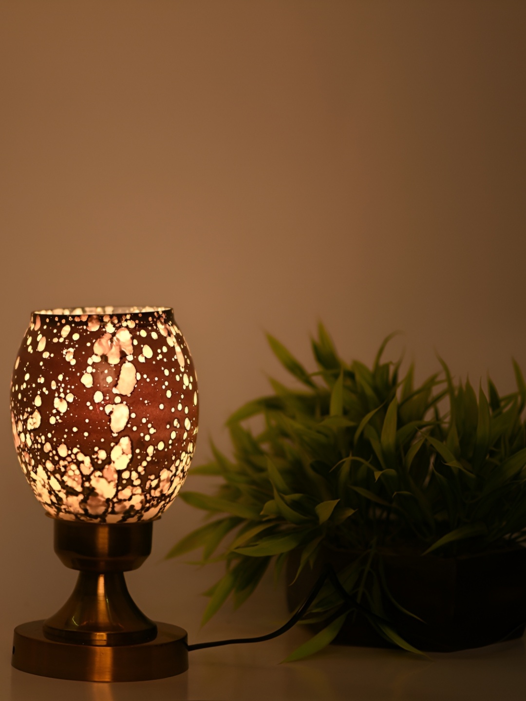 

1ST TIME Black and Brown Printed Glass Contemporary Bell Shaped Table Lamp